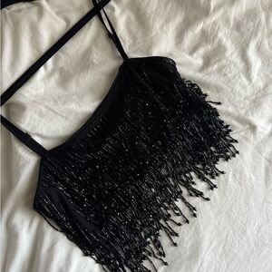Black Fringe Beaded Embellished Women's Top